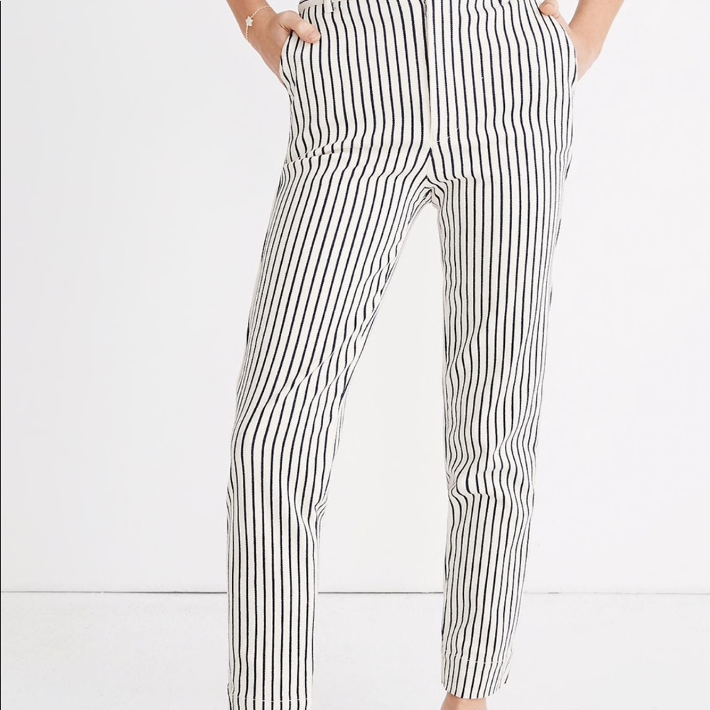 Madewell black and white striped jeans.